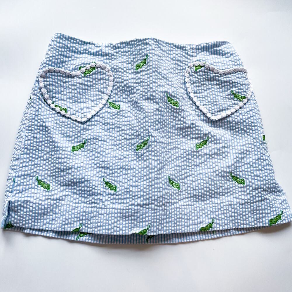 Girls Lilly Pulitzer Blue and White Seersucker Skirt Embroidered Grasshoppers 12